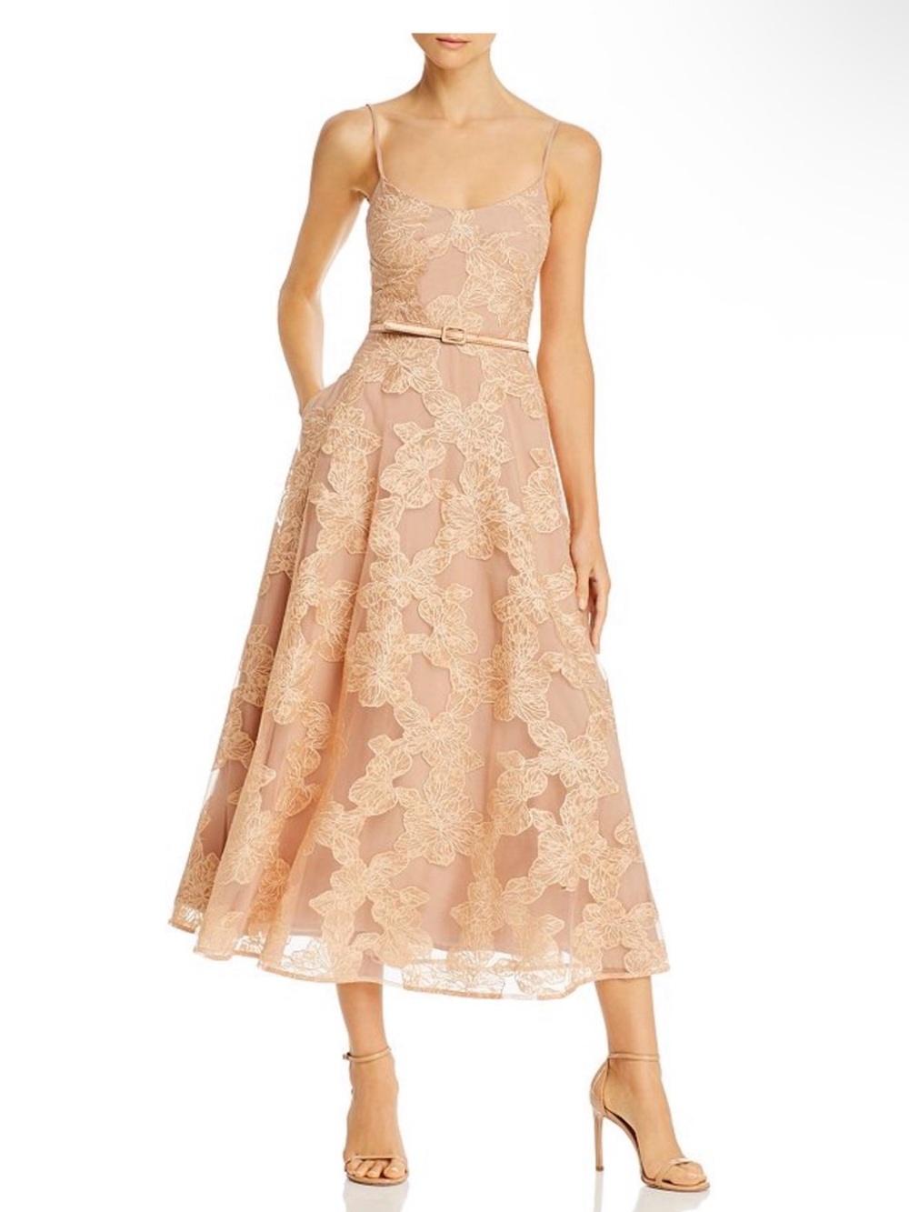 Sau Lee Embroidered Floral Sleeveless Belted Fit &Flare Midi Dress Blush Women 2